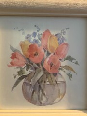 2 Rosalind Oesterle Watercolor Flowers Pansies & Tulip Floral Bouquet Painting