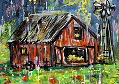 ACEO Original PAINTING Summer Old BARN Farm Rain TREES Storm Landscape ATC ART