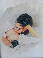 Original Signed Mid-Century Watercolor Artwork Mother and Child Nursing, Framed