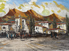Pablo Espana Original Oil Painting Signed Mid Century Spanish Village 48″x24″