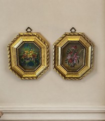 Pair Italian Floral Miniature Paintings 5”X4” Oval Gold Framed Vintage Art