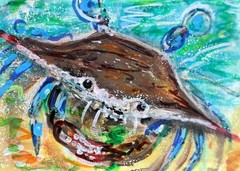ORIGINAL ACEO Painting Blue CRAB Sea Life Beach Maryland Ocean Sand ATC ART