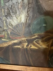 ANTIQUE ROSEWOOD FRAME STILL LIFE PAINTING FAN PEWTER CANDLE STICK Pottery