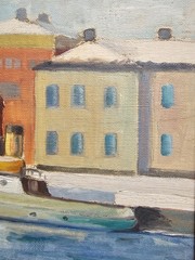SCANDINAVIAN HARBOR OIL PAINTING BOAT AND PASTEL HOUSES SIGNED BERTIL LUNDQVIST
