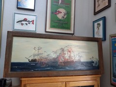 Vintage Beautiful Original Large Ocean Battleships at War Framed Oil Painting