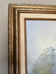 Large VTG Landscape Oil Painting Mill Bridge River Signed H Wilson 53×29