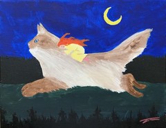 Girl Riding Giant Cat Dream Moonlit Night Acrylic Original Art 14×11 Canvas