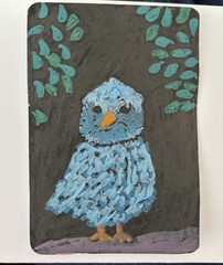 Original ACEO Blue Owl Bird Folk Art Miniature Painting OOAK Artist Trading Card