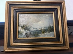 Vintage Seascape Oil Painting Signed S. Wells Beach Ocean Sand Dunes Framed 9×11