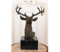 Bronze Deer Head Statue: Hunting Trophy on Marble Base