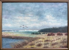 Impressionist Naturalist Coastal Landscape with Flying Ducks Nature Sky