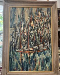Framed Oil On Canvas Painting. Harbor Scene With Boats. Abstract Expressionism