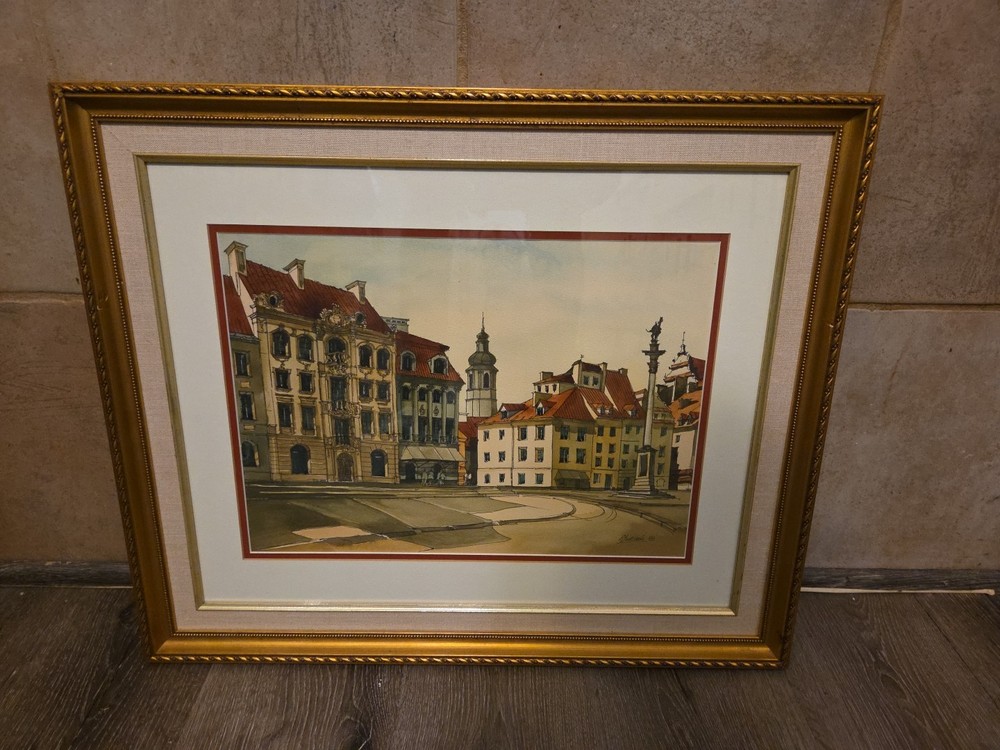 Warsaw Poland Palace Square Watercolor Painting Street Scene Signed Dated 1989