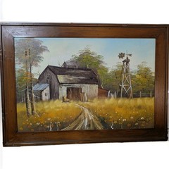 vintage Nostalgic Rural Americana Oil On Canvas 24x 36″ Framed 30×42″ Signed