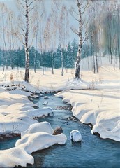 High-quality oil painting handpainted on canvas-Winter Landscape with a Creek