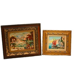 Pair Mid-Century Oil Paintings Signed Rico + Harbor Scene–Palette Knife–Framed