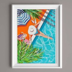 Girl Painting Tropical Palm Original Wall Art Poolside Swim Figurative Summer