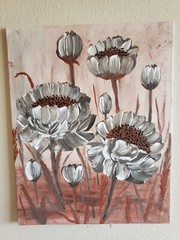 Handmade Painting Acrylic Art Panel 14x11x1/16 Decor Brown Poppy Flowers