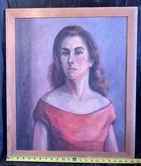Vintage Portrait Oil Painting On Wood Signed By Artist 22 1/2”x26 1/2” In Frame