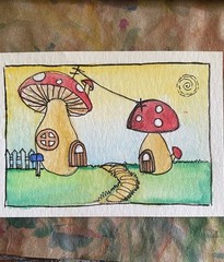 Whimsical Wild Mushroom House Cottage Core Art Card Painting on Paper ACEO