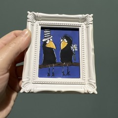 Print Of My Art Crow Raven Love funny,cute,miniature Painting,small, framed