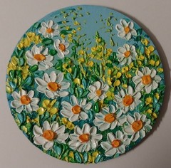 Daisy Flowers Meadow Round Mini Canvas Art 4×4” Impasto Oil Painting Original