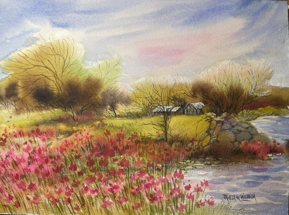 Original Watercolor 9X12 Pamela Wilhelm Poppy Field Pond Derelict Spring Farm