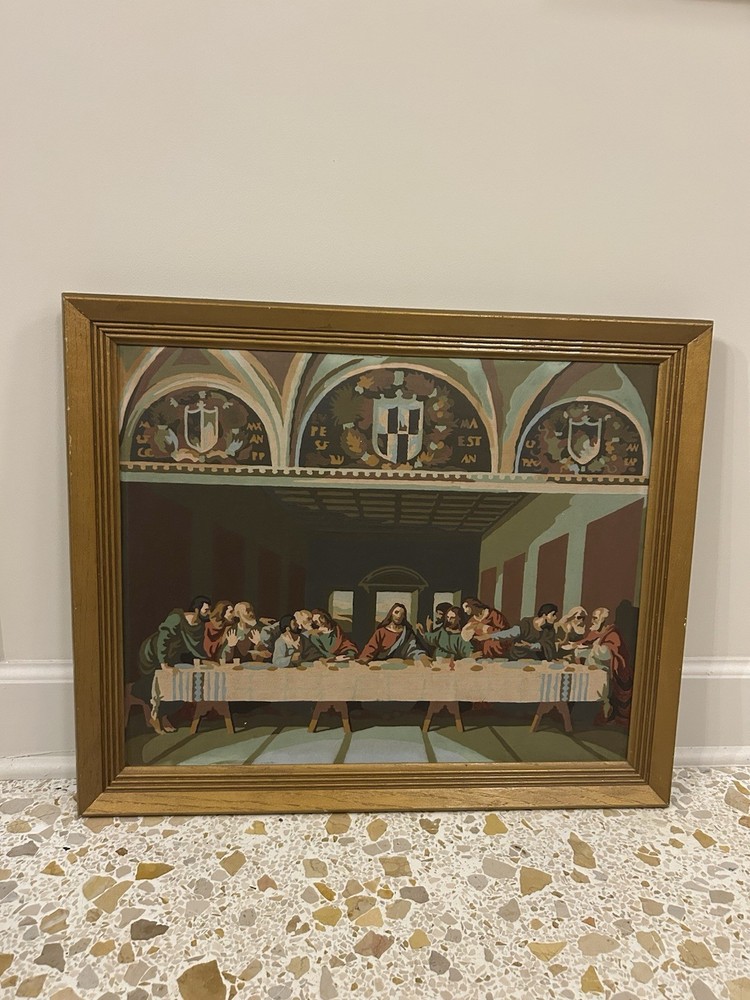 Vintage Paint by Number Jesus Last Supper Framed No Glass 22.5 X 18