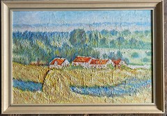 Oil Painting Antique Houses Hay Harvest Impasto Texture Frame Expressionist Oil