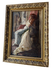 PORTRAIT OF SARAH BERNARDT AT THE THEATER SIGNED S. B. FRENCH OIL PANEL 19th