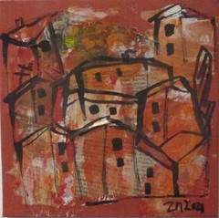 Italy collage with paper acrylic picture on canvas unique gouache city scene
