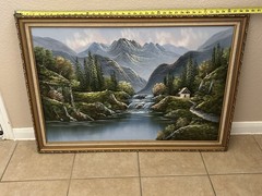 MASTEN Signed Framed Realism Landscape Painting Mountain River Waterfall Cabin