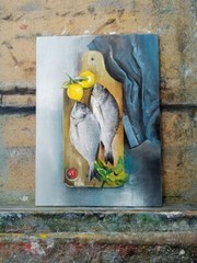 Painting „Fish on the board“/Art collection/oil/handmade/paintings