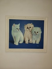 Vintage Original Oil Painting Three White Persian Kittens Cat Portrait Signed