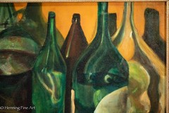 Beautiful Vintage Oil Painting of Green Bottles Still Life Signed L Lucioni