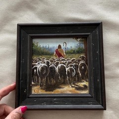 Jesus the Good Shepherd Original Oil Painting in Vintage Solid Wood Frame, Small