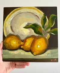 Lemons Original Oil Painting Still Life Plate Signed Modern Wall Art Decor