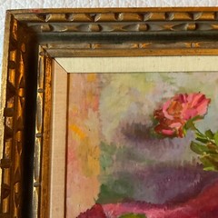 VINTAGE 80s floral flower original hand painted oil PAINTING by E Black pinks