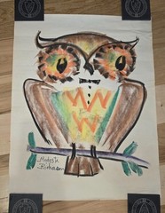 Modesta Richerson mid-century original 19″ x 24″ pastel whimsical owl drawingl
