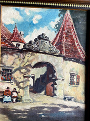 Oil Painting Undeutl. Monogr.stadttor With round Arch Vor Marketplace Menschen