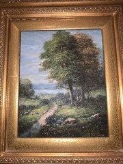 VTG Signed Summer Landscape Trees Lake Mtns Canvas Frame 20.5”T 18 3/8”W 3.75”D