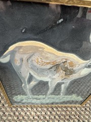 Vintage Mid-Century Modern Hand-Painted Silk Deer Painting 1950s MCM Gold Frame