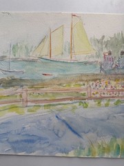 Vintage Watercolor Painting Sailing Boats Harbor Landscape 12 x 16 OOAK