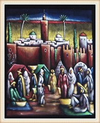 Large Original Painting Old Moroccan Medina Souk Kasbah Unframed.