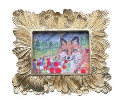 Fox in a Poppy Field Floral Landscape print in mini vintage style ornate frame