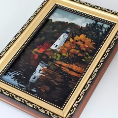 Original Oil Painting Lighthouse Autumn Lake Reflection Landscape 4×6 Framed