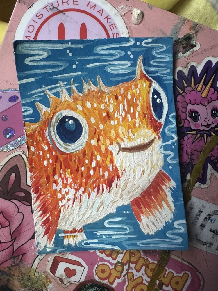 ACEO Original Gouache Pufferfish “Louis” 2.5×3.5” by CurrentlyDre