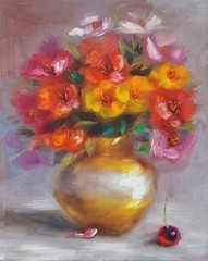 Bright Floral Bouquet Original Oil Painting Gold Vase Still Life Home Wall Art