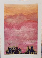 Castle In The Clouds Expressionist Original Watercolor 5×7 On Matte Paper Signed