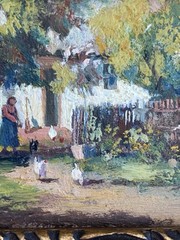Joseph Harencz ATQ VTG Miniature Impressionism Chicken Genre Landscape Painting